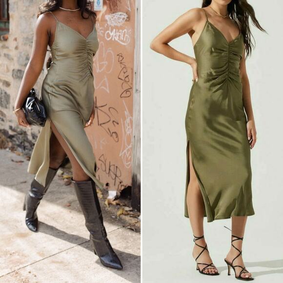 ASTR the Label Valinda Olive Green V Neck Ruched Slip Dress Medium - Picture 1 of 8